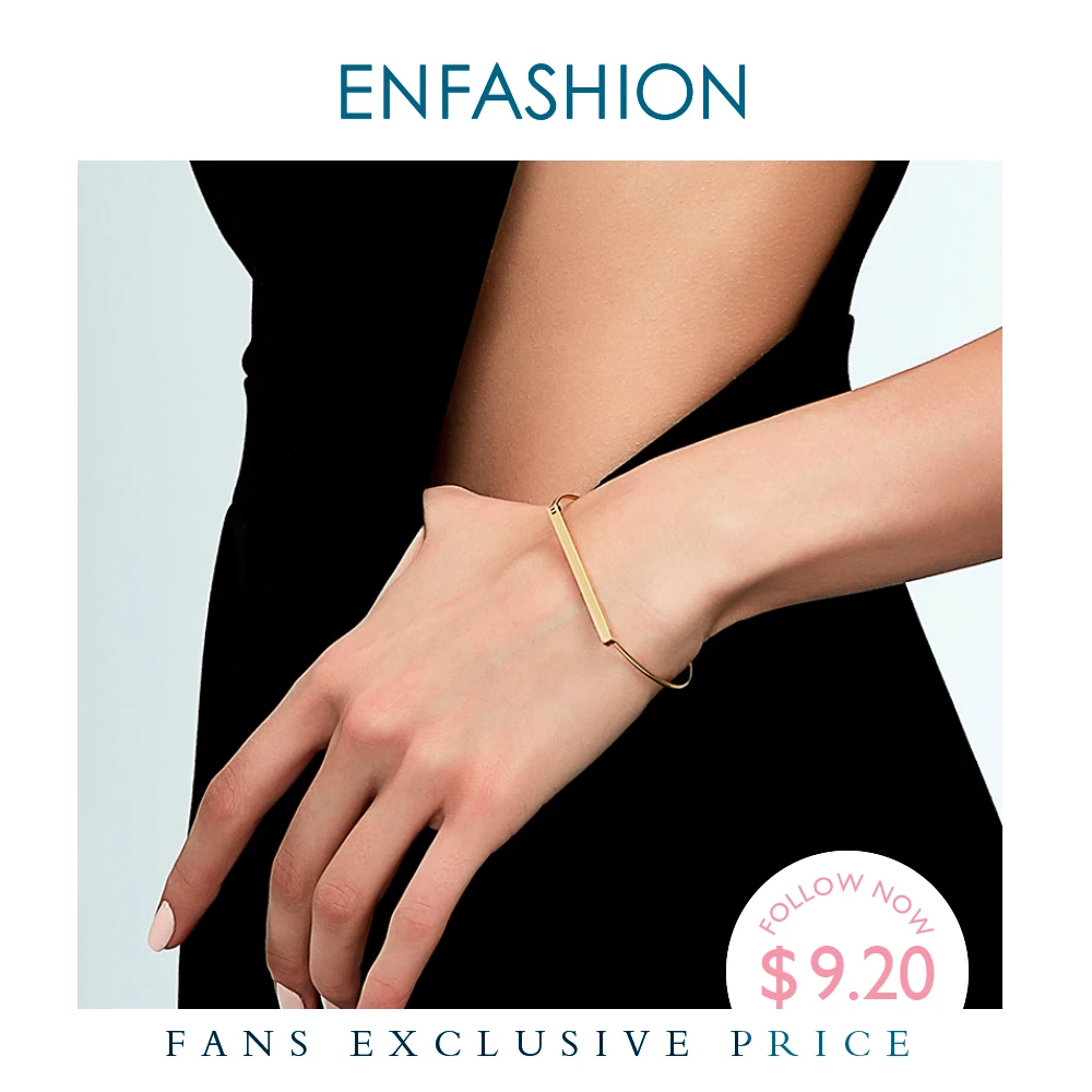 Enfashion Personalized Custom Engrave Name Flat Bar Cuff Bracelet Gold color Bangle Bracelet For Women Bracelets Bangles