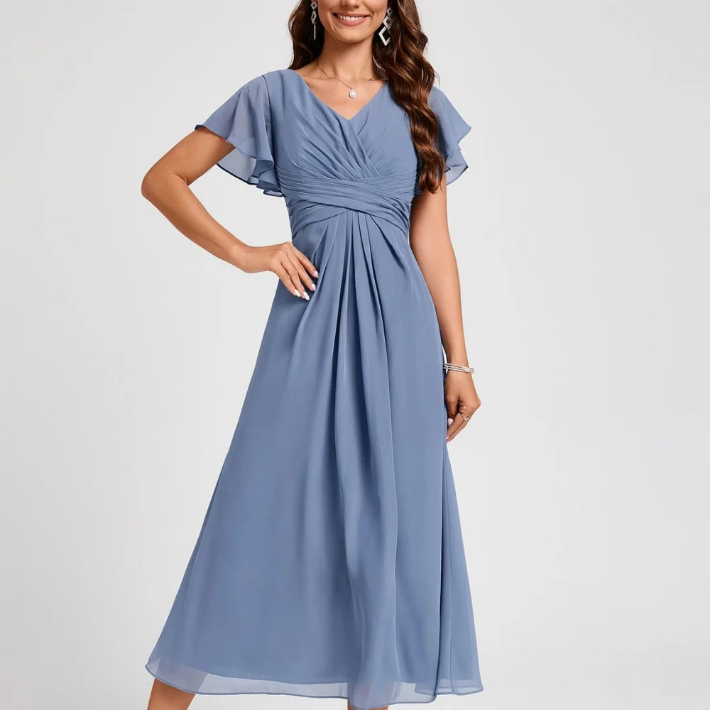 Elegant Women Gowns Short Sleeves V Neck Dress A Line Mid Calf Length Simple Mother Dresses Robes Invitée Mariage 2024