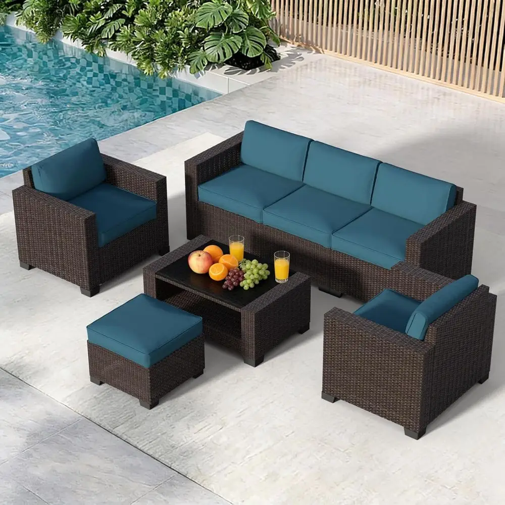 

Комплект садовой мебели из 7 предметов с подушками, всепогодный диван из искусственного ротанга, журнальный столик, коричневый и голубой (цвет озерной воды)