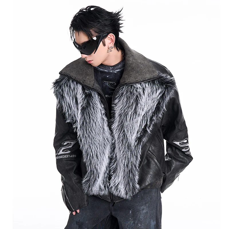 FEWQ Niche Washed Vintage Fur Stitched Design Men\'s Jacket 2024 Winter New High Neck Zipper Streetwear Men Leather Coats 24E5005