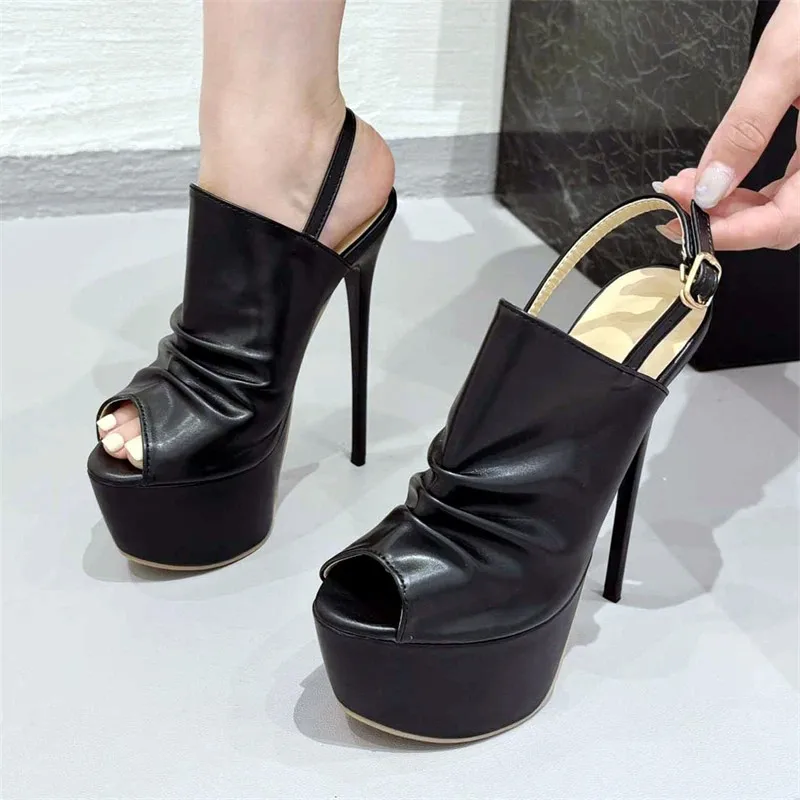 

Модные черные кожаные плиссированные босоножки из искусственной кожи на платформе, привлекательные туфли-лодочки с открытым носком и ремешком с пряжкой, открытые туфли на тонком высоком каблуке