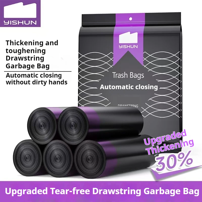 75pcs Black Garbage Plastic Bag Drawstring Tote Thick Large Takeaway Packaging with Handle Pouches Kitchen Home Trash bag