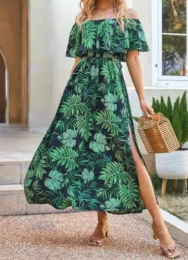 

Women's summer off shoulder pleated A-line printed dress