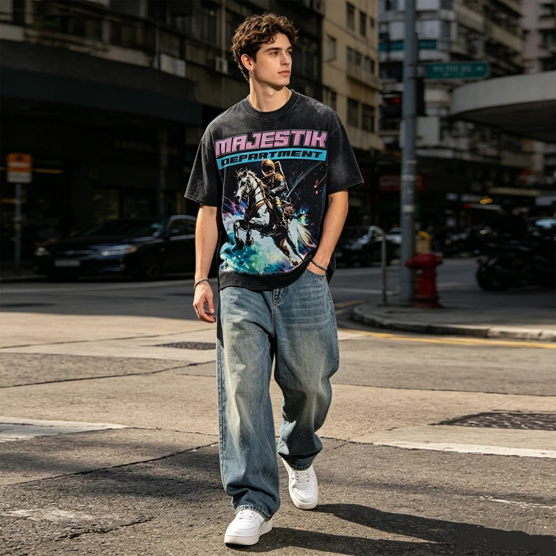 Herren Grafik-T-Shirts mit Weltraum-Astronauten-Motiv, Streetwear im Vintage-Look, Oversize-Baumwollkleidung, Sommer-Kurzarm-Oberteil – Detail 3