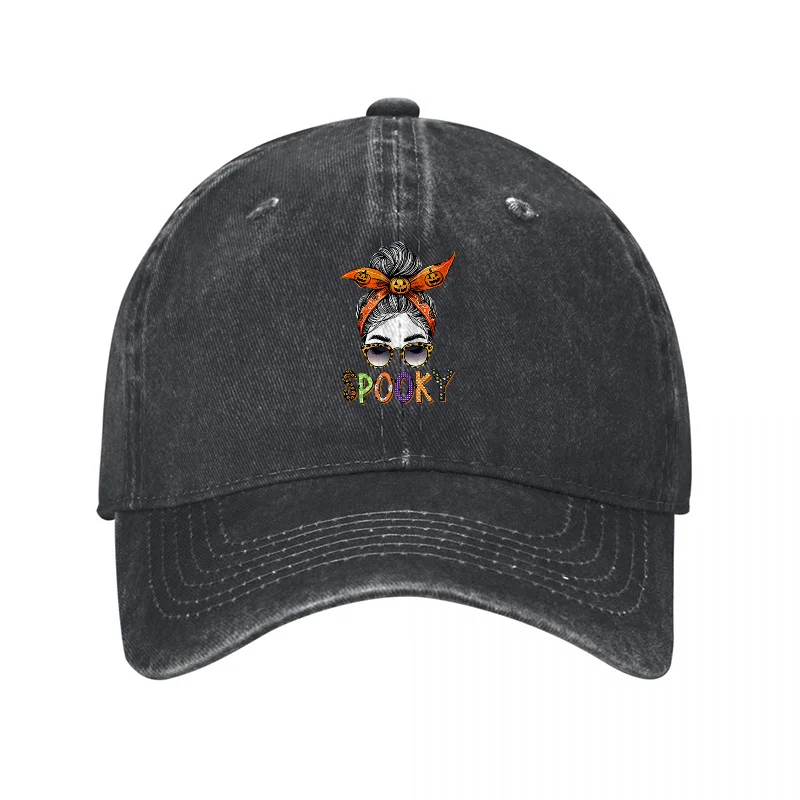 Gorra de béisbol de mezclilla lavada con bordado de calavera POKY, bandana naranja vibrante y letras coloridas en material de lona de algodón
