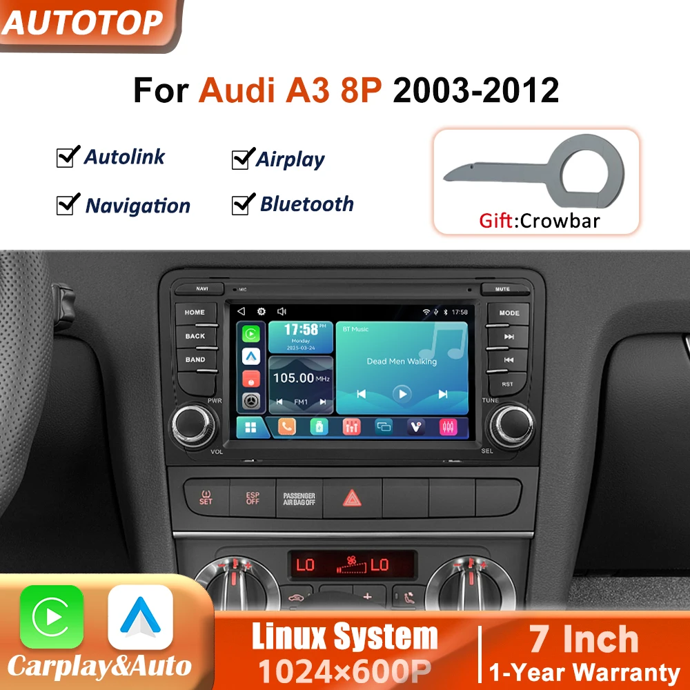 Autoradio Linux da 7 pollici con Carplay wireless e Android Auto per Audi A3 8P 2003-2012, lettore multimediale video con touchscreen, YouTube online, Airplay, Autolink, Mirror Link, WiFi, Bluetooth,