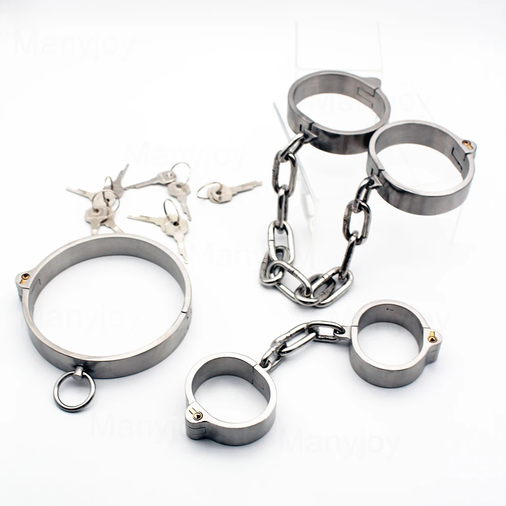 Heavy Stainless Steel Slave Wrist Handcuffs Ankle Cuffs Choking Neck Collar Detachable chain Shackles Bondage BDSM Lock Toys