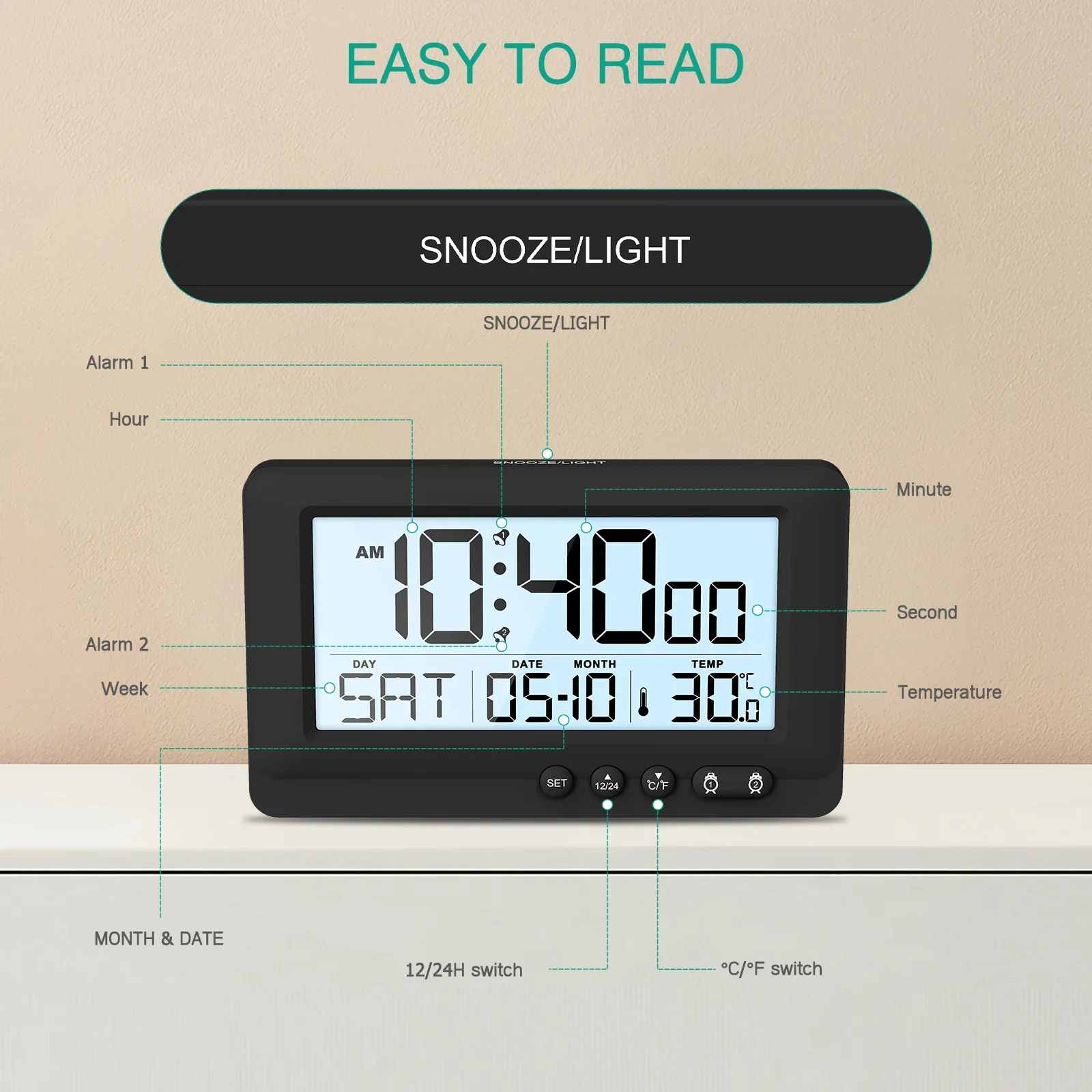 Digital Alarm Clock LCD Display Travel Alarm Clock Small Digital Clock with Calendar Temperature Battery Operated Clocks