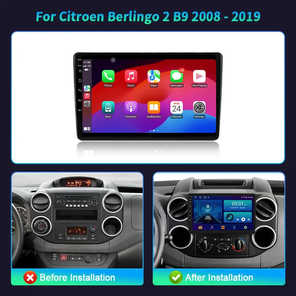 For Citroen Berlingo 2 B9 2008-2019 Android 14 Car Radio Carplay 4G GPS Navigation Multimedia Stereo Player CarPlay Touch Screen