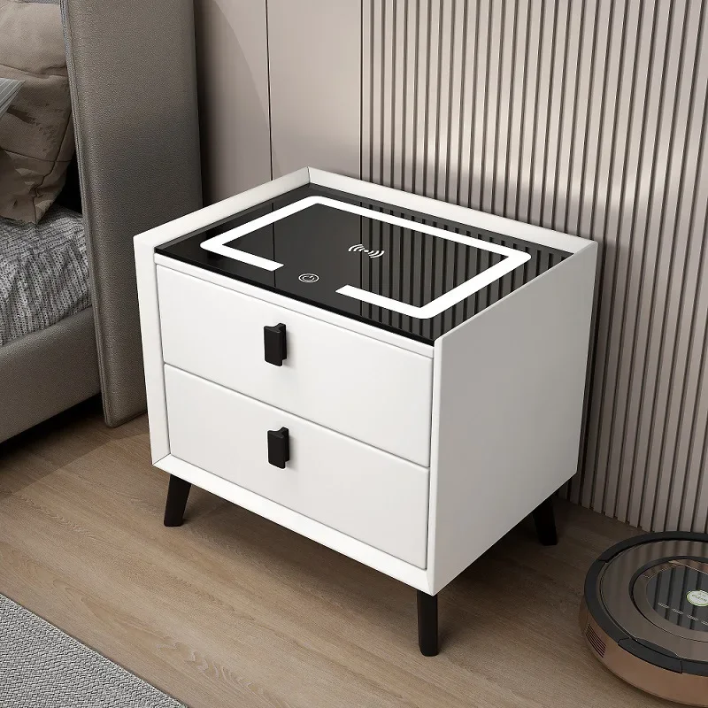 2026 Modern Wooden Bedside Table Bedroom Furniture PU Leather Multi-Functional Smart Nightstand
