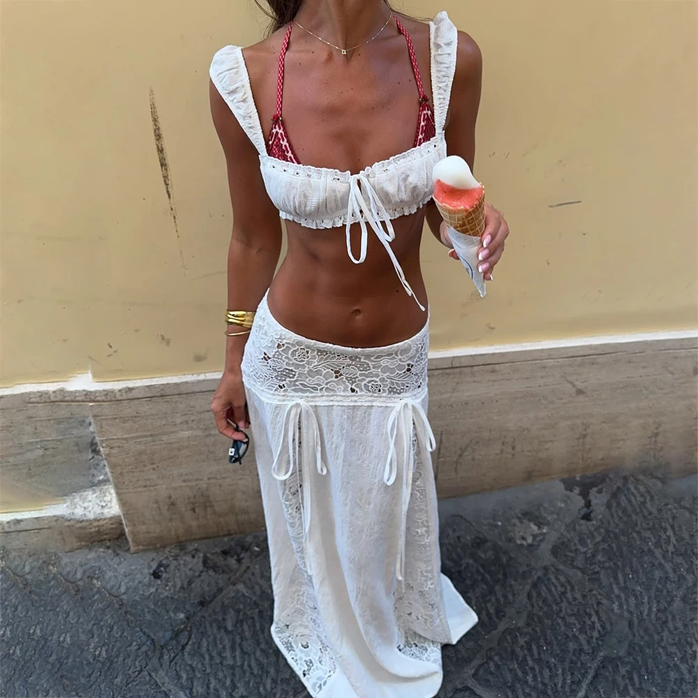 Conjunto de 2 piezas bohemio Vintage para mujer, camisola con lazo para vacaciones de verano y falda larga de tiro bajo con retazos de encaje para fiesta en la playa