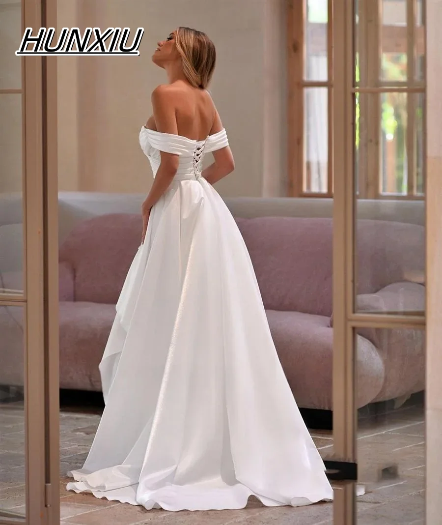 Customized Matte Satin Wedding Dress with High Slit Off-the-Shoulder Neckline Crisscross Ruched Bodice To Measure Robe Mariee