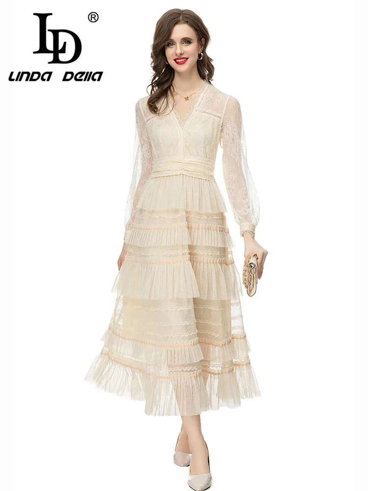 

LD LINDA DELLA New Style Fashion Designer Dress Women's V-Neck Elastic Waist Cascading Ruffle Embossed hollow Lace Long Dress