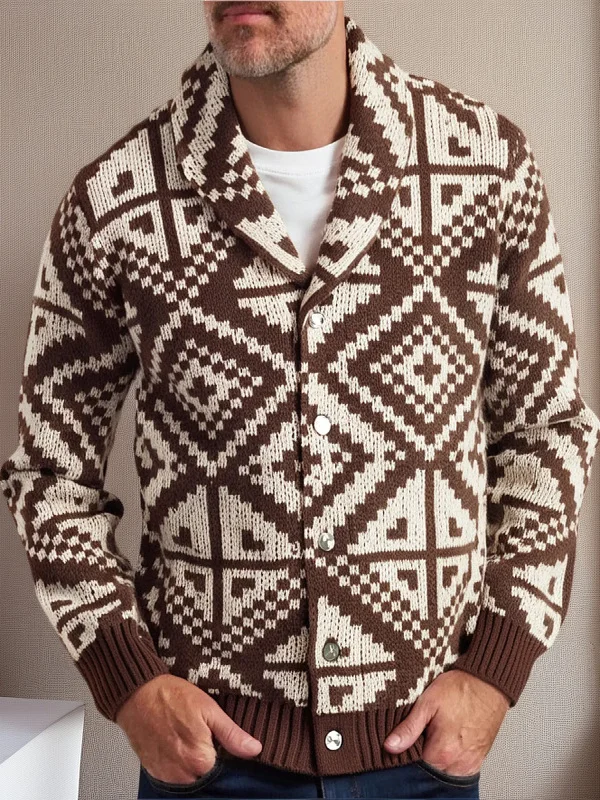 

American Sle Retro Casual Knitted Cardigan Men's Thiened Long Sve Geometric Pattern Polyester Fiber Casual Wear