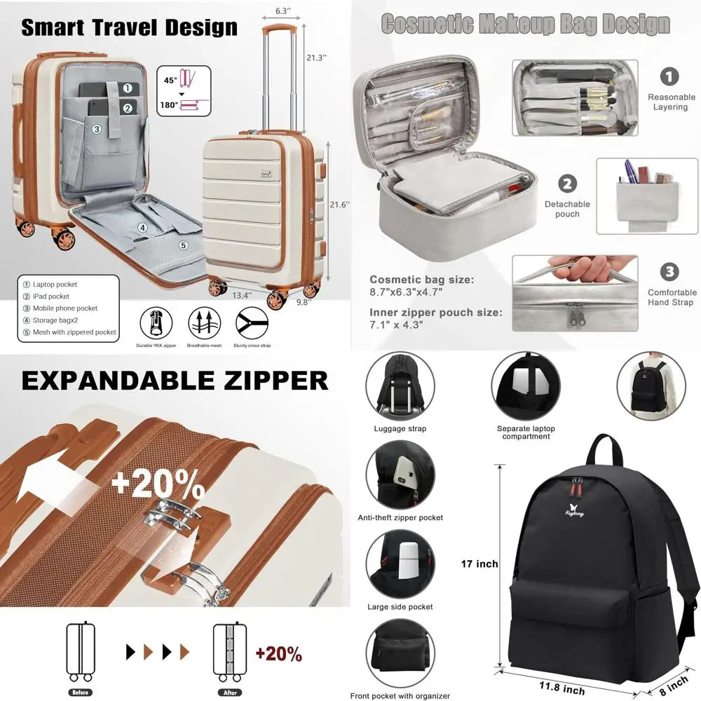 

20 Hardshell Carry-On Luggage with Front Pocket, White & Brown