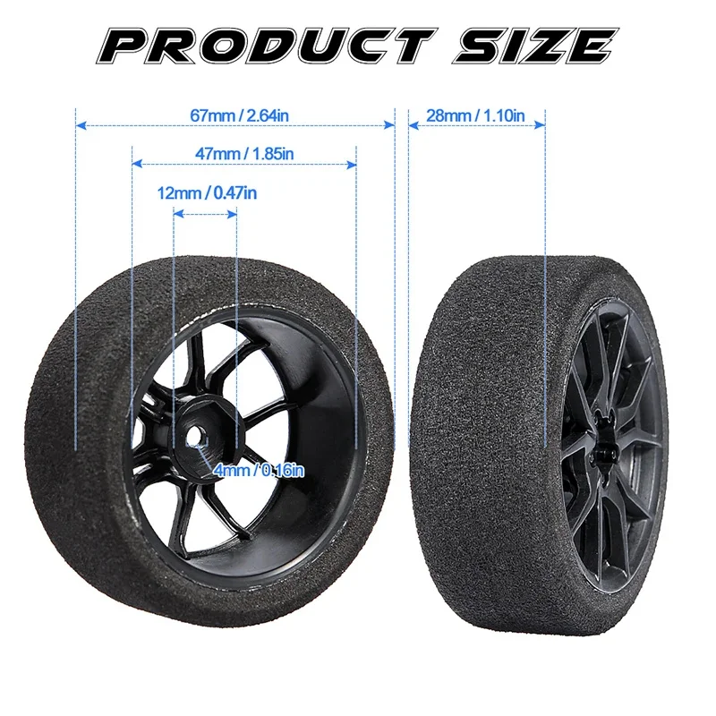 In Stock 4Pcs 12mm Hex Racing Foam Tire Wheel Rim Set 23003 for HSP HPI 1/10 On-road RC Car