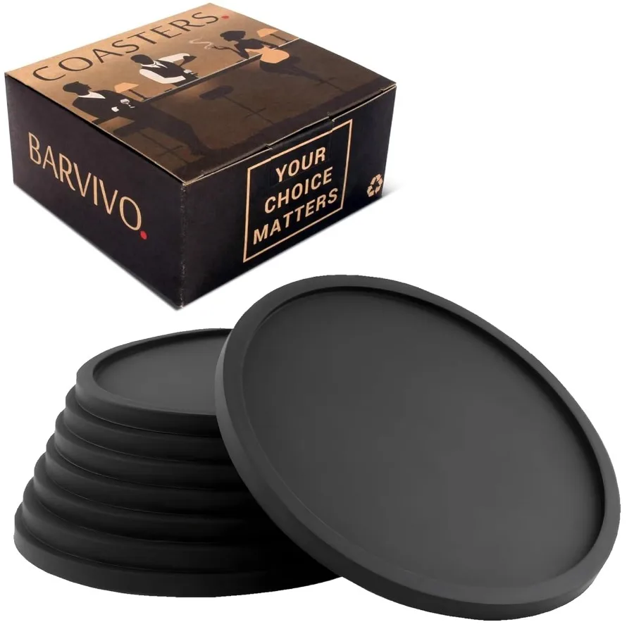 

Set of 8 Silicone Coasters by Barvivo - Durable Slip Resistant Drink Coasters for Coffee Tables Mugs Wine Glasses and Cocktails