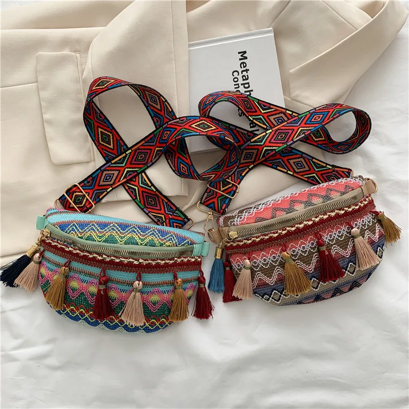 

New Ethnic Style Lady Saddle Bag Retro Tassel Small Bag Fashion Wide Shoulder Strap Chest Bag Large Capacity Casual Female Bag