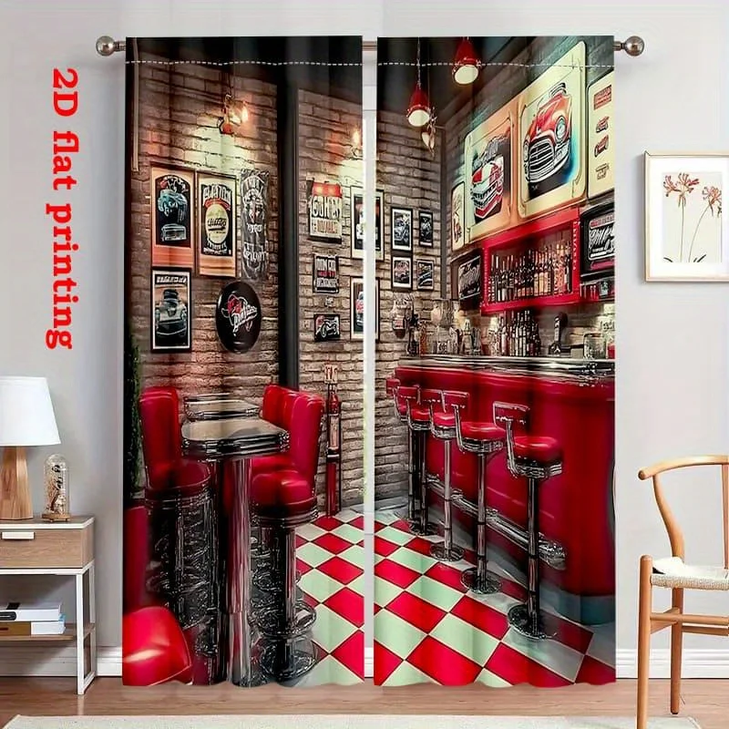 Retro Diner Curtain, Vintage Bar Counter Print Drape, Red Checkered Floor Cafe Scenery Window Treatment for Living Room Kitchen