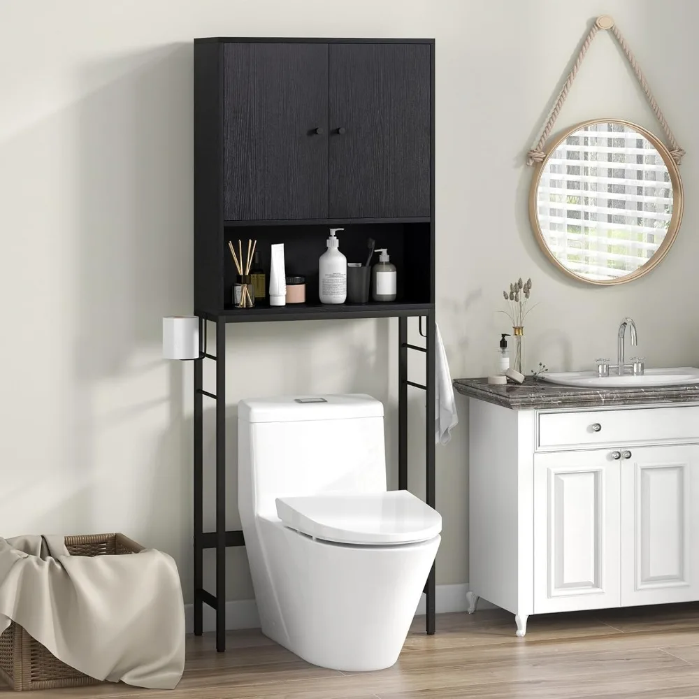 Storage Cabinet - Toilet Shelf Rack with Anti-Tip Device, Open Compartment, Adjustable Shelf & Bottom Bar, Storage Shelves