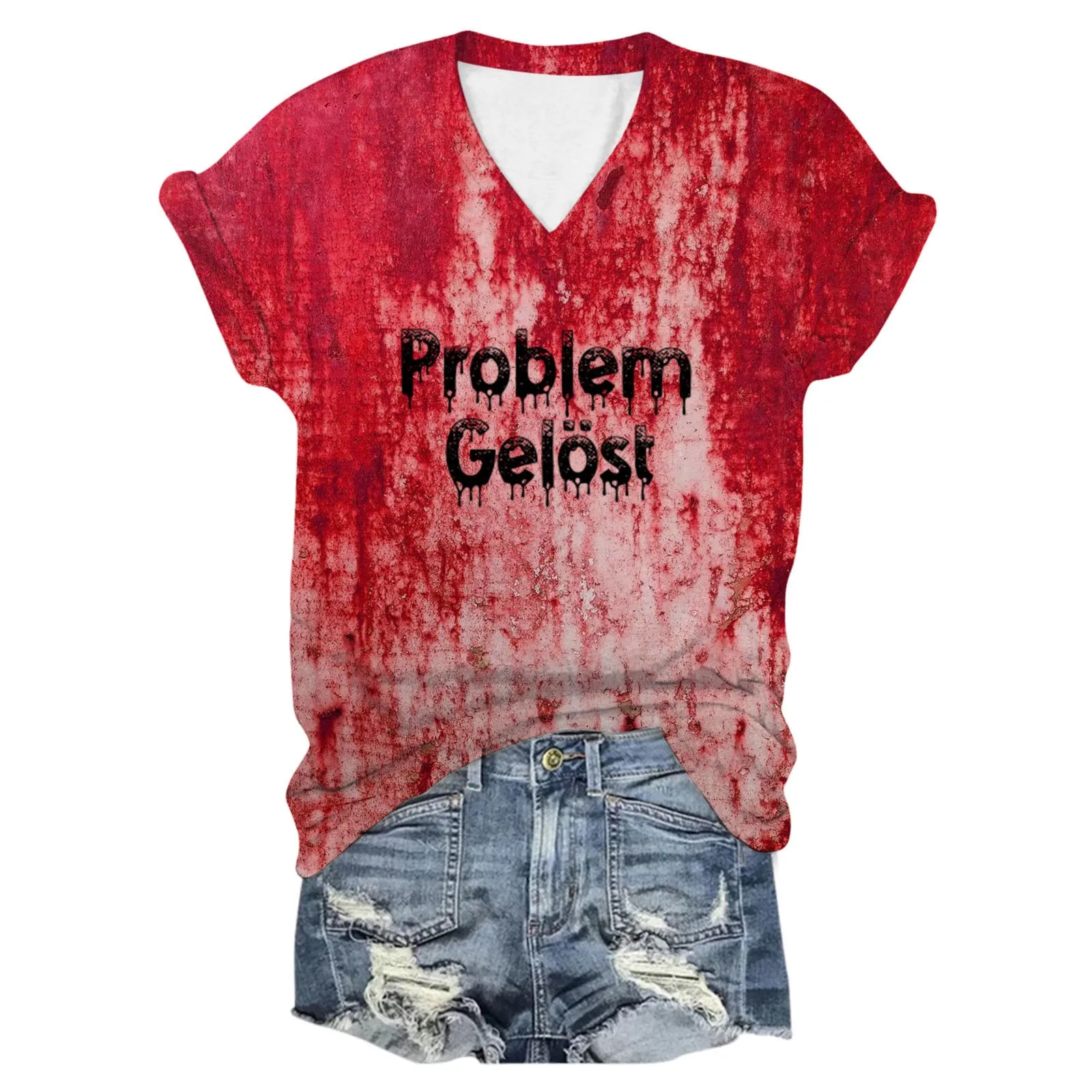 Problem Gelost Blutige Schrift T-Shirt Halloween V-Neck Print Short Sleeve T-Shirt Holiday Party Distressed Bloody T-Shirt