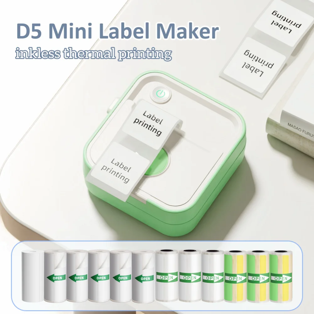 New D5 Label Printer Inkless Thermal Label Maker 12-57mm Paper Adjustable Sticker Pocket Mini Printer for Code Tag Journal