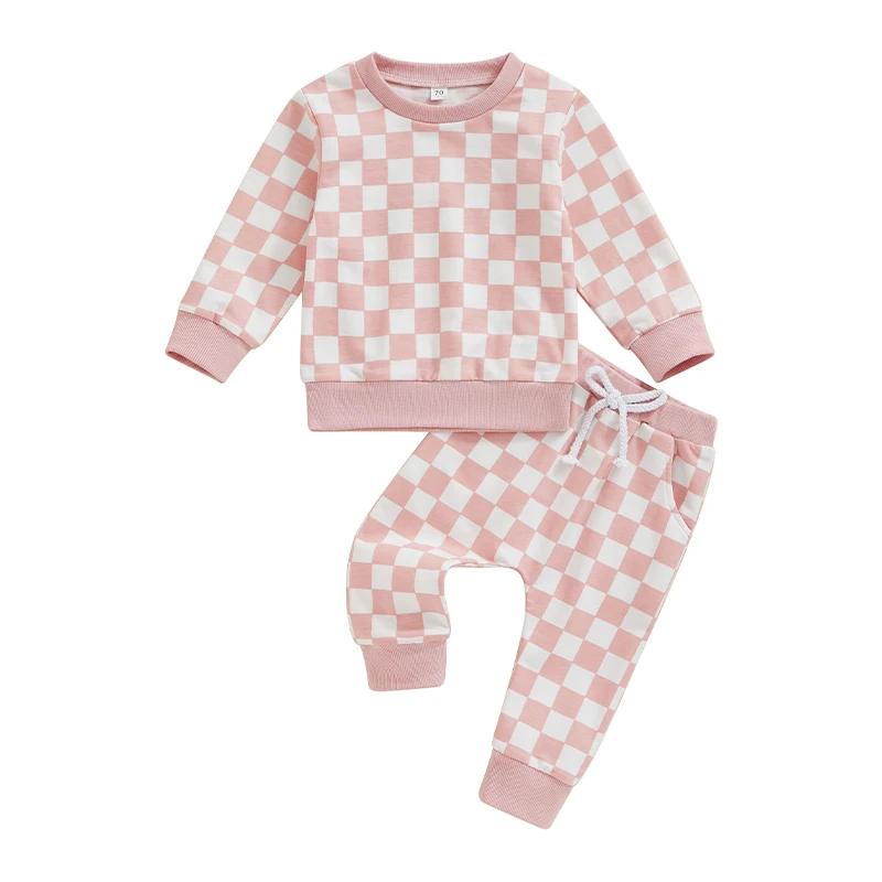 

Little Girls 2PCS Fall Sets Long Sleeve O Neck Checkerboard Print Tops Drawstring Pants