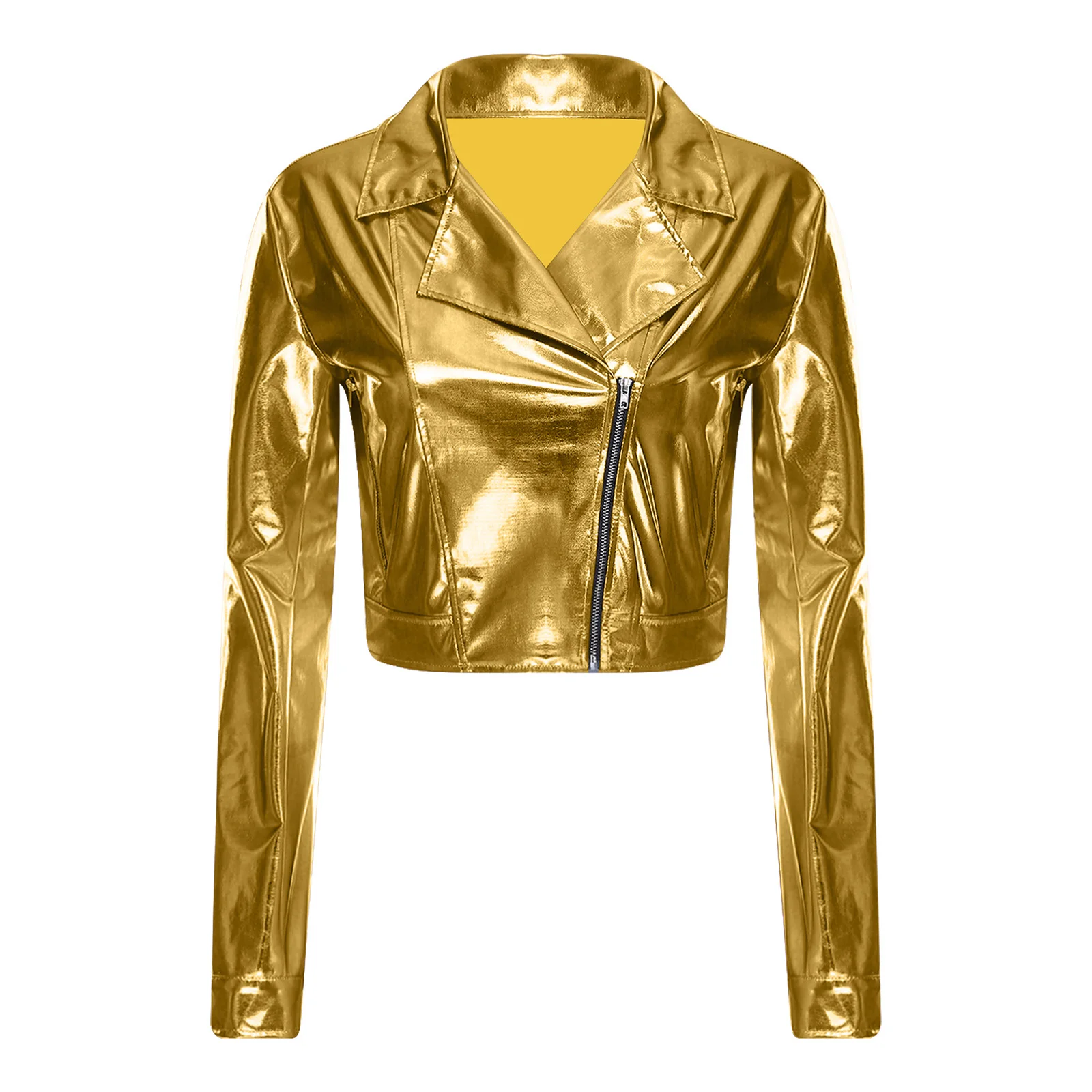 Jaqueta feminina de motociclista metálica brilhante, tops cortados, lapela de entalhe, manga comprida, zíper lateral, roupa externa, fantasia de festa em clube