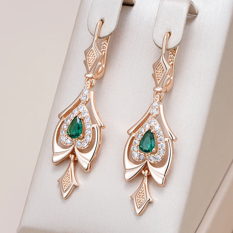 Kinel Hot 585 Rose Gold Color Fine Drop Earrings for Women Crystal Flower Green Natural Zircon Accessories Daily Vintage Jewelry