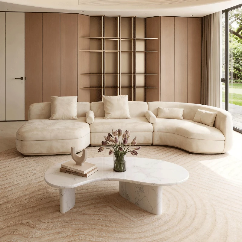 Fabric cotton and linen sofa, villa large flat floor curved simple living room