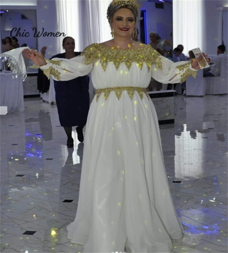 Plus Size White  Evening Dress Kaftan Moroccan Muslim Arabic Prom Gown Long Sleeve Gold Applique Vestido De Novia Customized