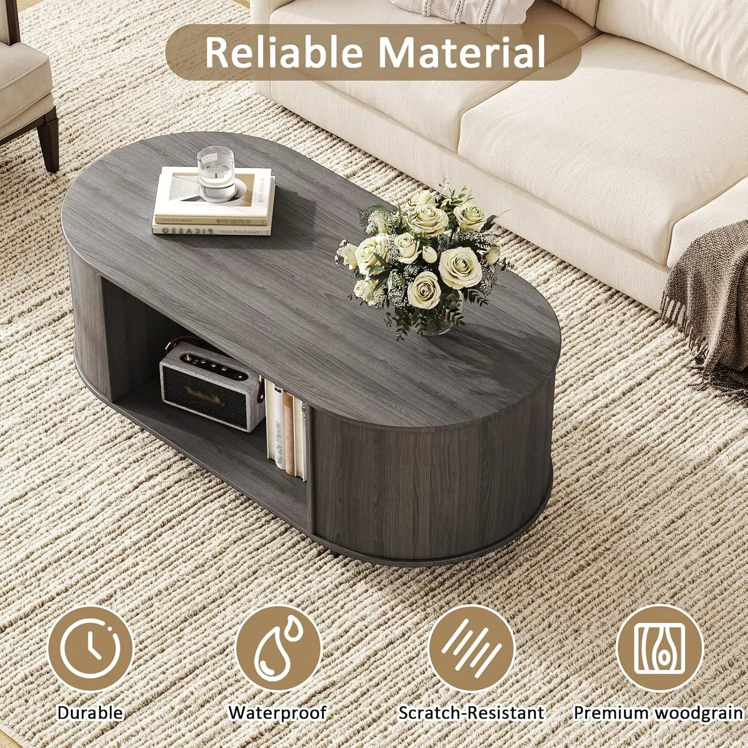 Mesa de centro ovalada rústica moderna de granja, mesa central de madera baja gris con almacenamiento, para sala de estar/dormitorio/oficina en casa