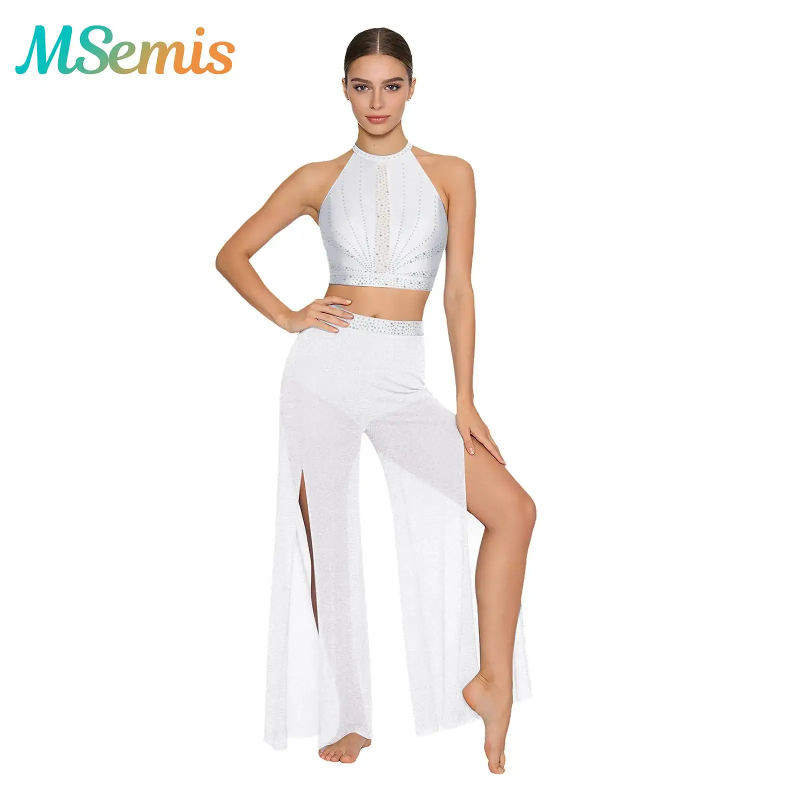 

Womens Ballet Lyrical Modern Dance Outfit Performance Costume Rhinestones Tank Top Shimmering Mesh Legs Wide Leg Pants Dancewear