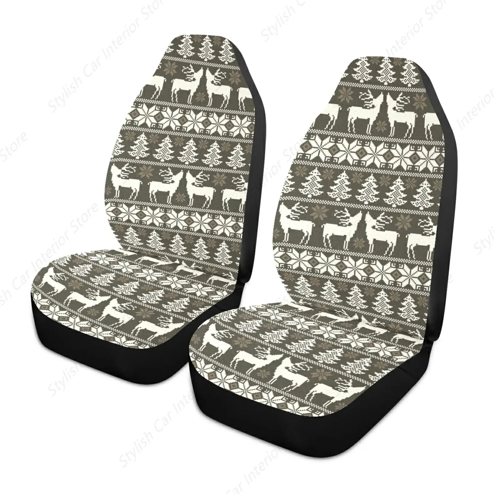 

Vintage Christmas White Reindeers Trees Norwegian Sweater Style 2PC Car Front Seat Covers Non-Slip Vehicle Premium Fabric Seat
