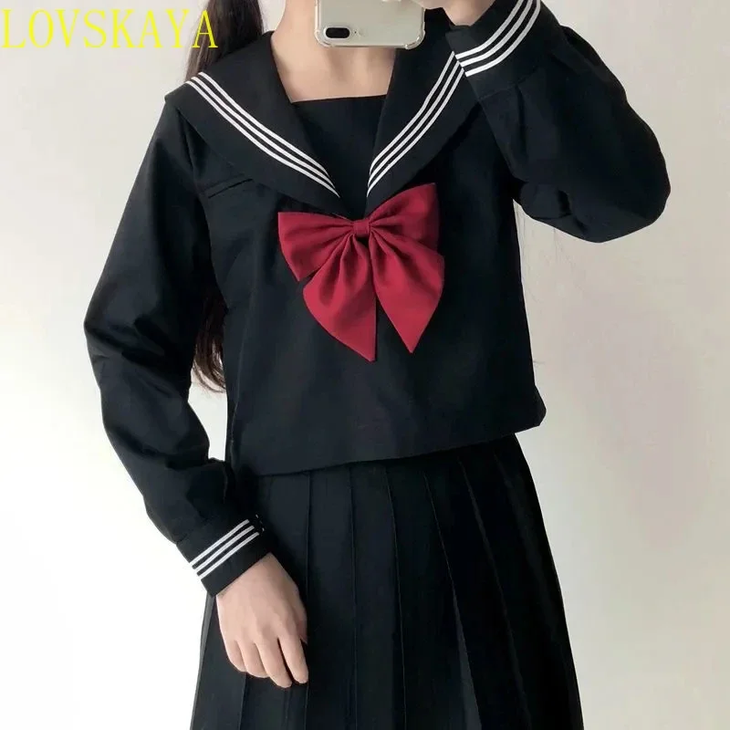 Japanese school uniform set Sailor JK basic cartoon girl navy sailor uniform black set navy clothing women's girl clothing