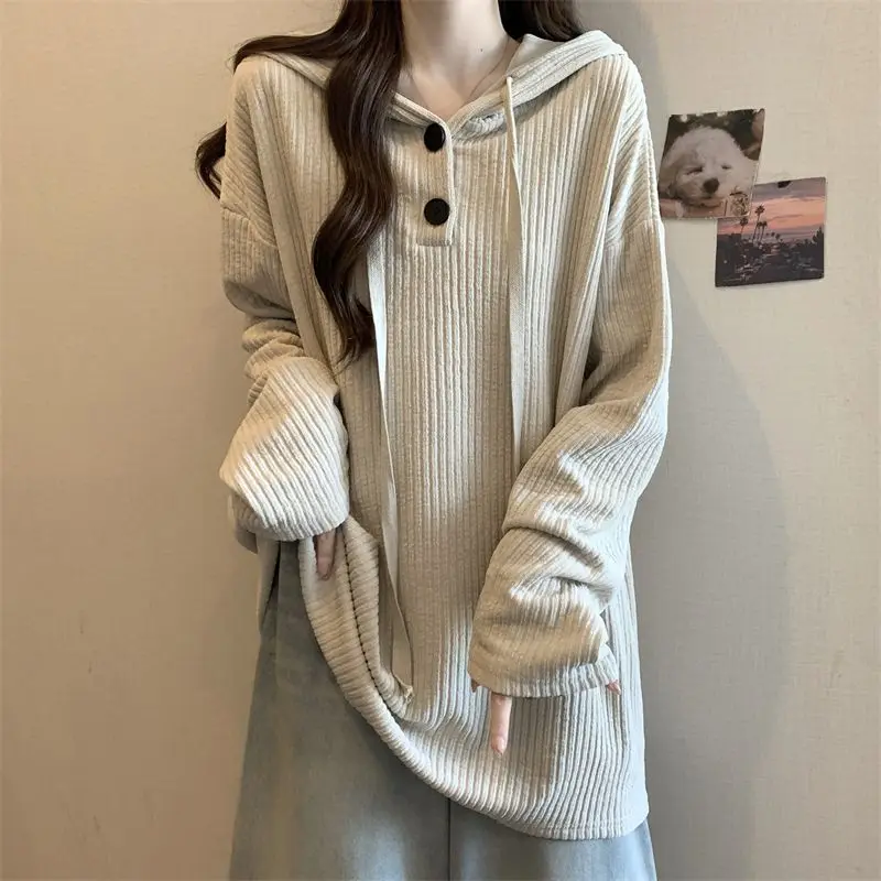 Large Textured Striped Mid Length Hooded Top for Women Loose and Slimming Long Sleeved Hoodie for Women