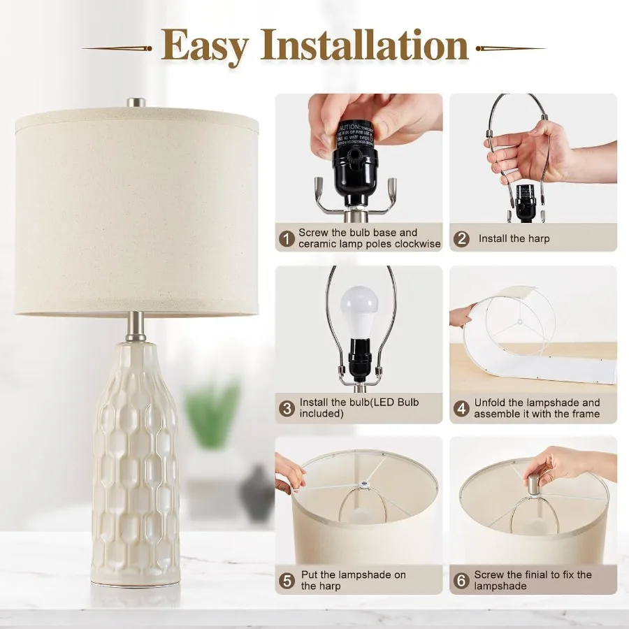 مجموعة مصابيح طاولة سيراميك مقاس 24.8 بوصة مكونة من قطعتين مع درجة حرارة اللون والمصابيح المتضمنة - مصابيح بجانب السرير لغرفة المعيشة وغرفة النوم