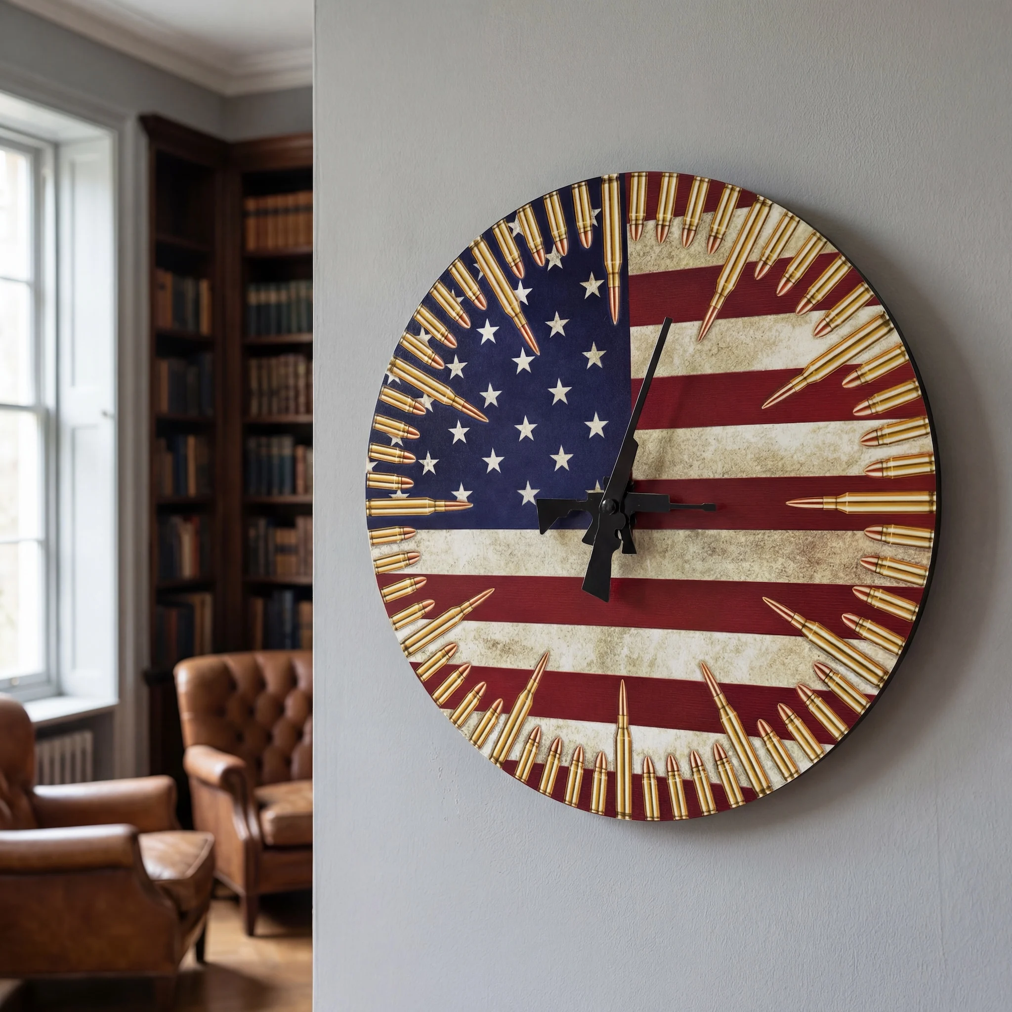 Retro American Flag Gun Dials Wall Clock Patriotic Home Decor Silent Quartz Clock Watch for 4th of July Veterans Gun Enthusiasts