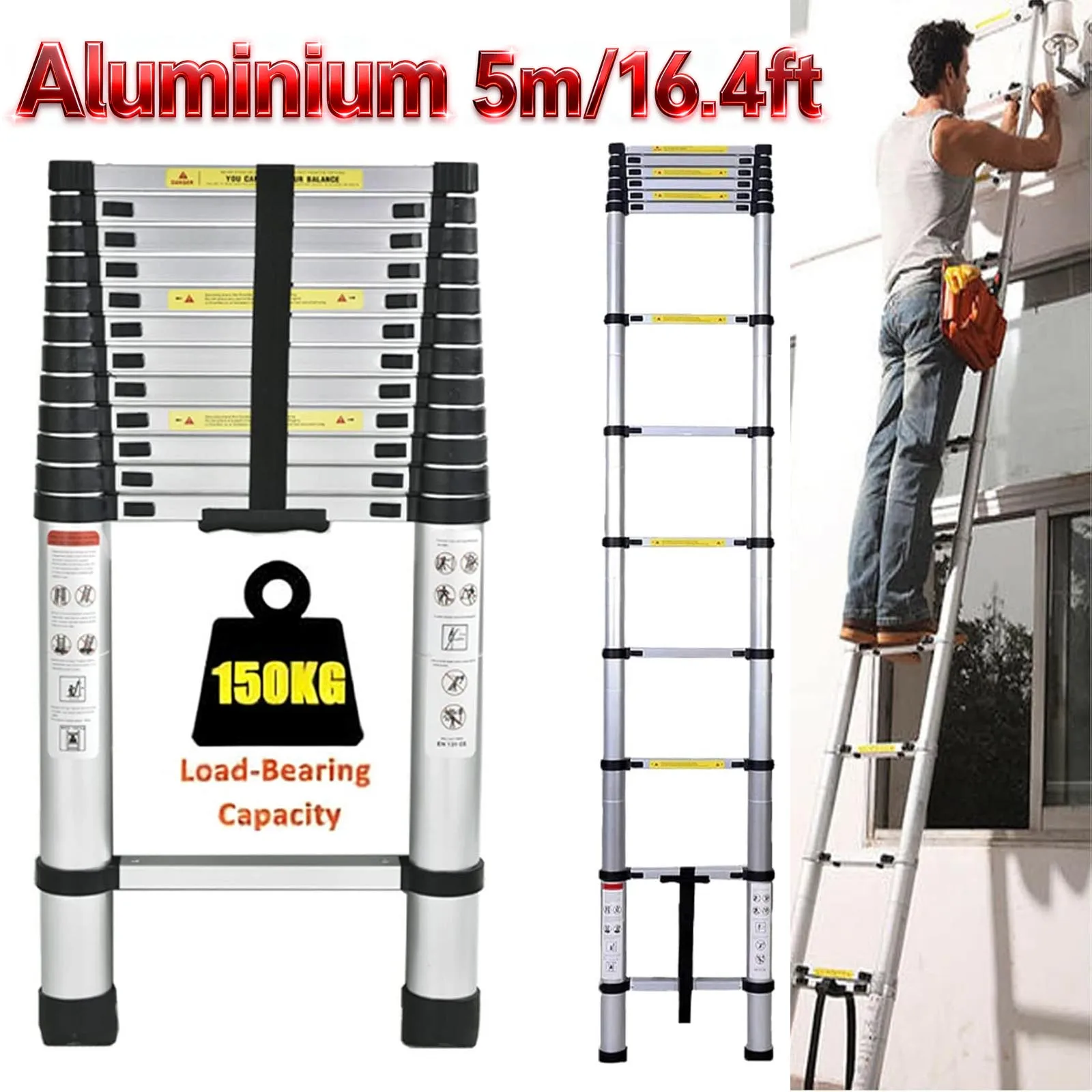 Échelles télescopiques en aluminium de 16,4 pieds/5 m, échelle télescopique pliable multifonction en aluminium