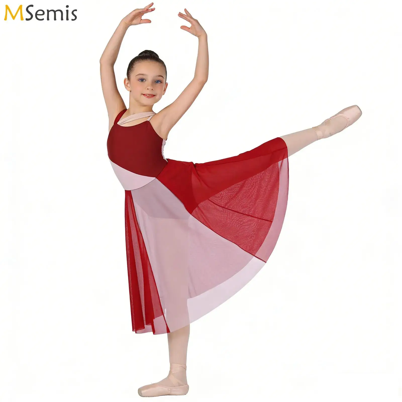 

Kids Girls Ballet Jersey Lyrical Ballet Dance Dress Color Block Camisole Dance Wear Gymnastics Leotard Performance Costume