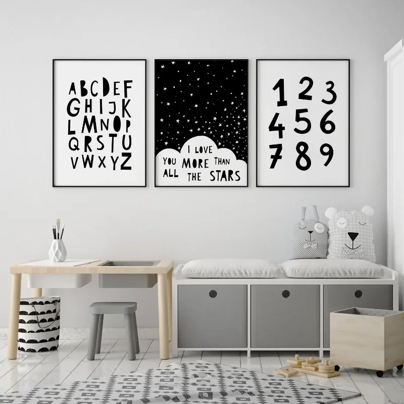 1pc frameless Canvas Painting Black and White Alphabet ABC Number 123 Poster Canvas Painting Nursery Wall Art Kids Wall Prints B