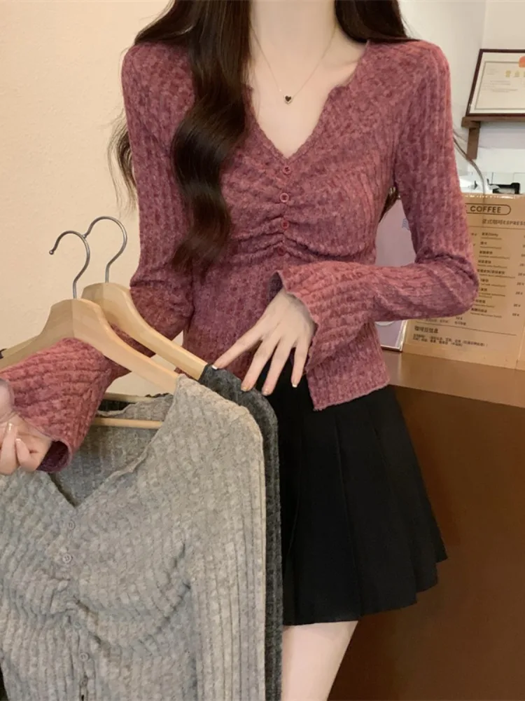 

Women's Knitted Base Shirt U-Neck Sleeveless Bodycon Waist-Cinching Long Sleeve Autumn Winter Fashion Korean Style Pure Color