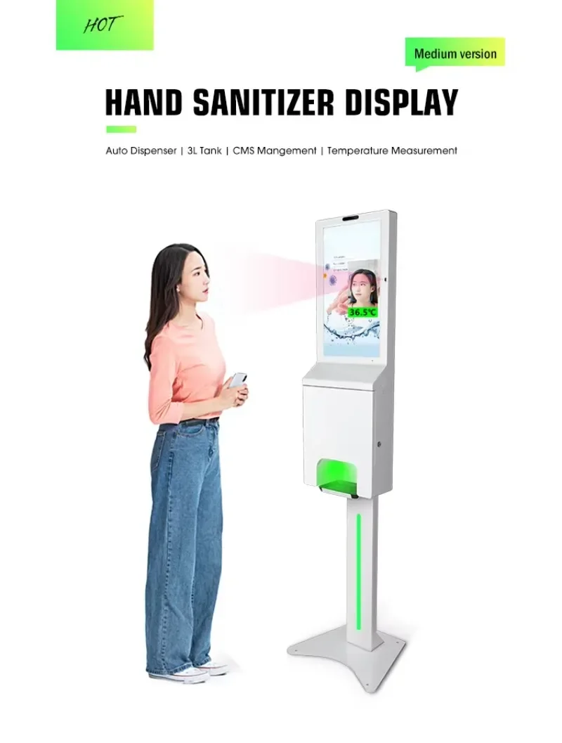 Portable AI Face Recoginition Automatic Hand Sanitizer Dispenser Android Digital Signage with Temperature Advertising Display