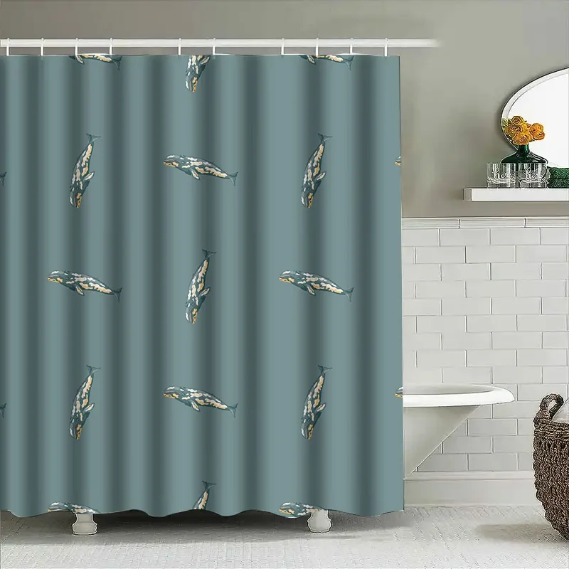Vintage-style whale pattern shower curtain with modern bathroom decor in blue-gray color, perfect for home use. (128 characters)