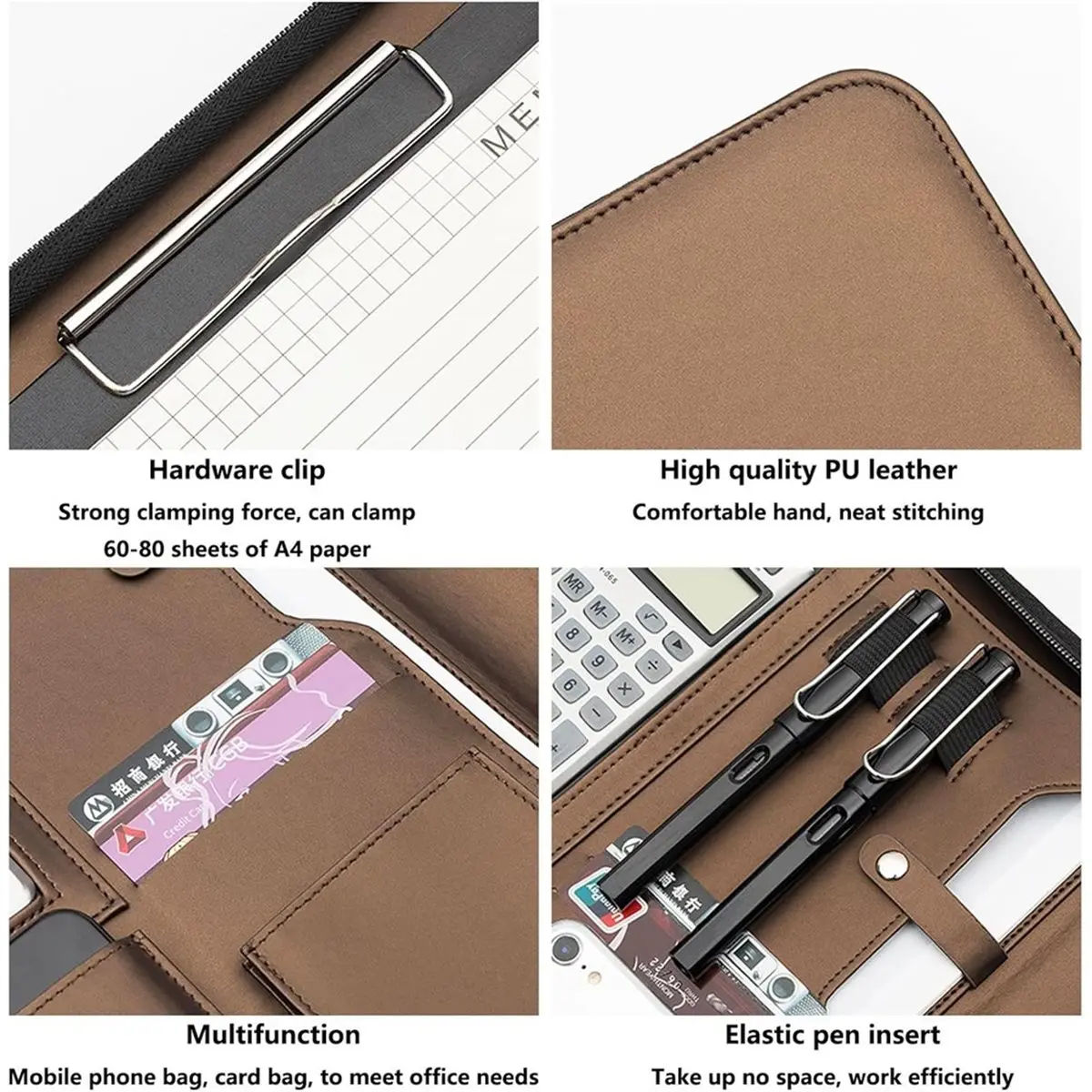 Home Tool Multifunctional A4/A5 PU Leather Portfolio for Document Organizer Zippered Bag with Calculator Pens
