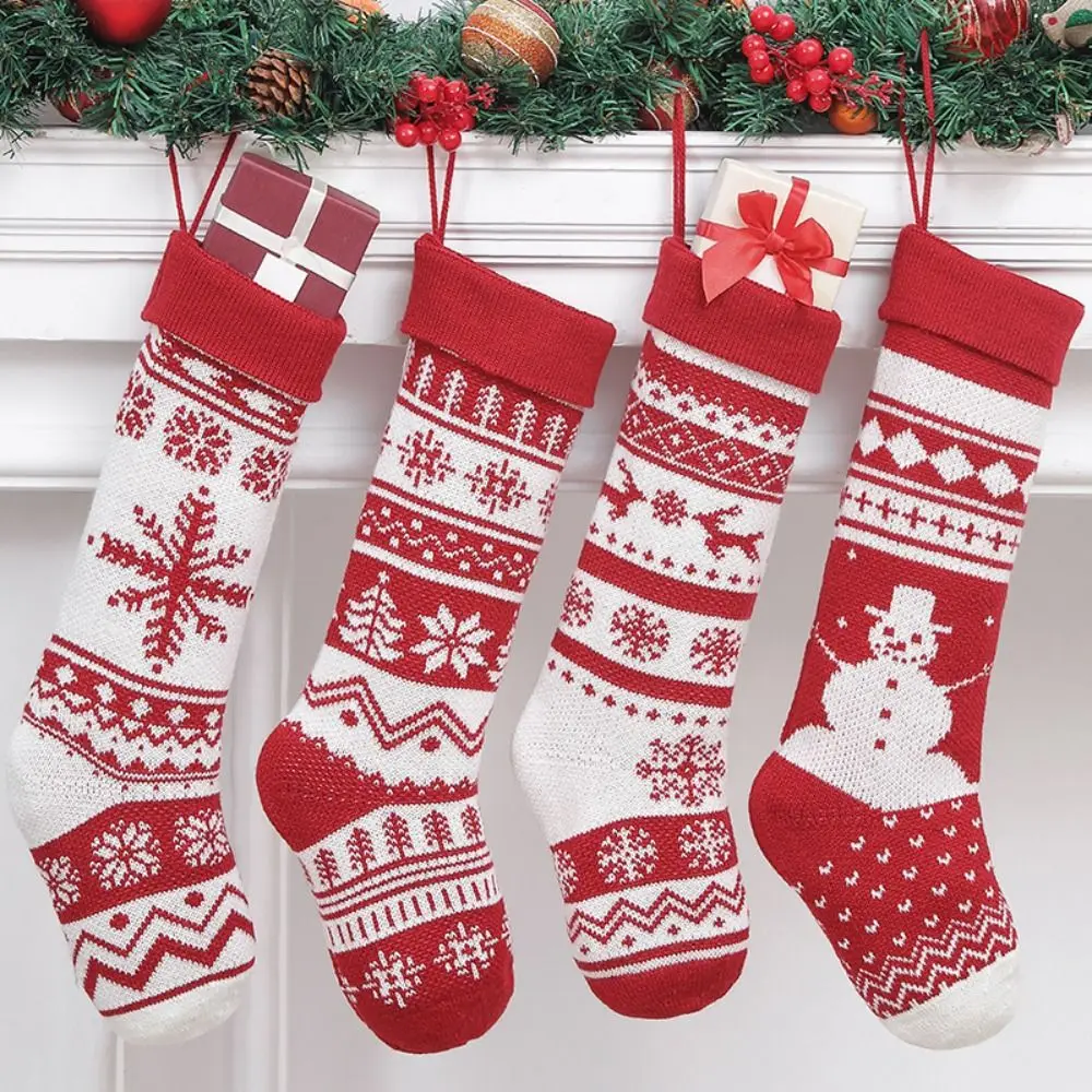 Hanging Knitted Christmas Stocking Large Size Xmas Tree Ornaments Christmas Gift Sock Pendant Red Gift Bag Christmas Decor