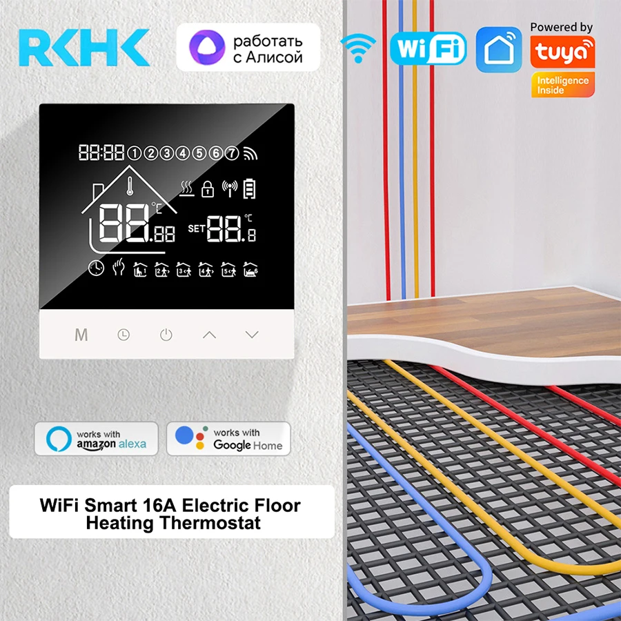 

RKHK S4HGB Wi-Fi умный термостат с подогревом ЖК-дисплей голосовое управление Alexa Tuya Алиса/электрический/водяной регулятор температуры пола