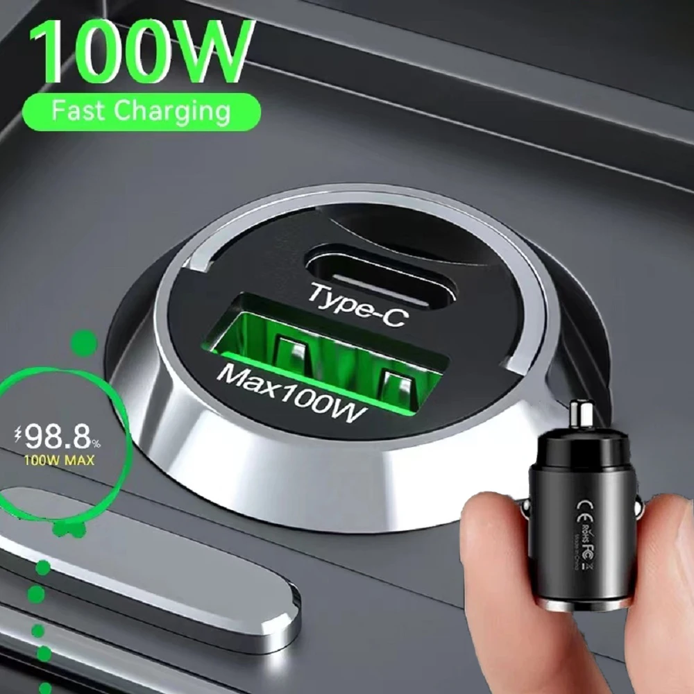 100W Mini Car Charger Lighter Fast Charging For iPhone QC3.0 Mini PD USB Type C Car Phone Charger For Xiaomi Samsung Huawei