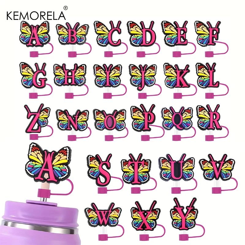 KEMORELA 1PC Straw Cover Cute Butterfly Letter Straw Topper,1.2cm/0.47in Silicone Cover,Compatible With 30&40Oz Cup With Straw