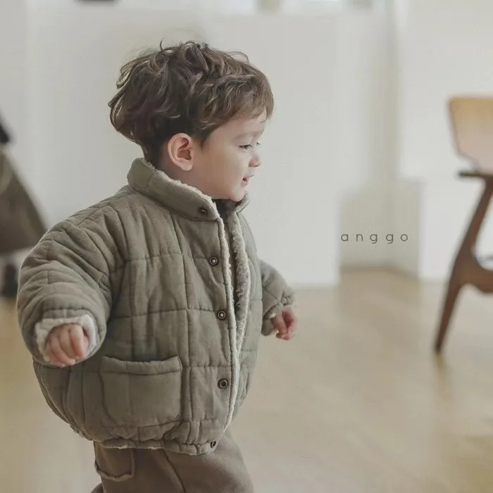 2024 Korean Baby Boys and Girls New Pattern Winter Jacket Adding Velvet and Thickening Cotton-padded High Collar Bread Parkas